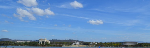 Lake Burley Griffin looking North. War Memorial on the right and the National Capital Exhibition on the left