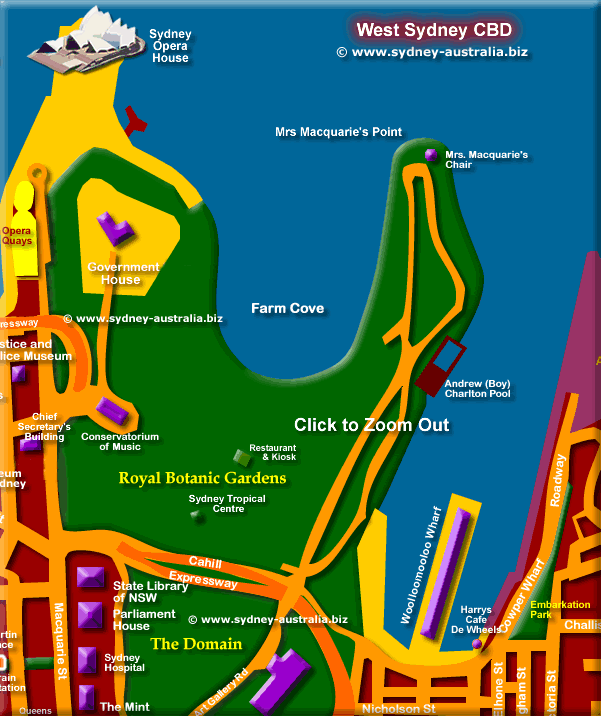 Map of Sydney CBD - Click to Zoom Out © m.sydney-australia.biz