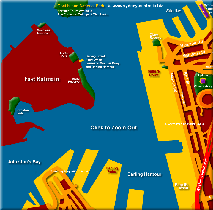 Map of Balmain and Entrance to Darling Harbour - Click to Zoom Out © m.sydney-australia.biz