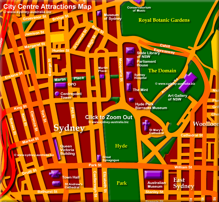 Sydney CBD Map of Attractions. Click to Zoom Out: © m..sydney-australia.biz