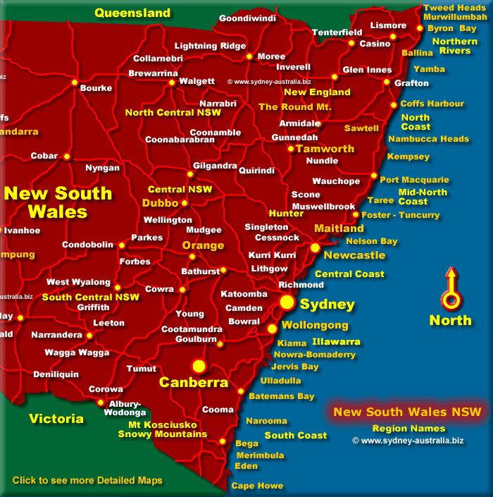 Map of the east coast of New South Wales - Click to see more detailed Maps