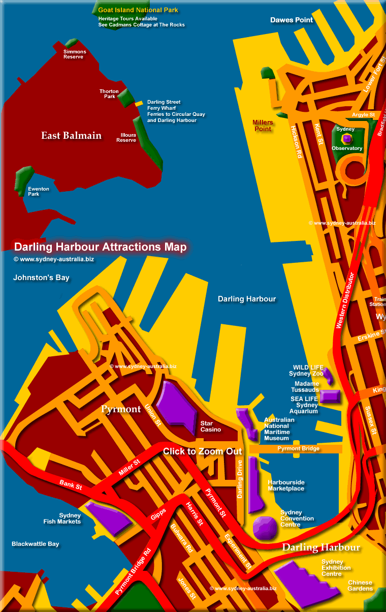 Map of Darling Harbour, Sydney Attractions and Museums. Click to Zoom Out © m.sydney-australia.biz