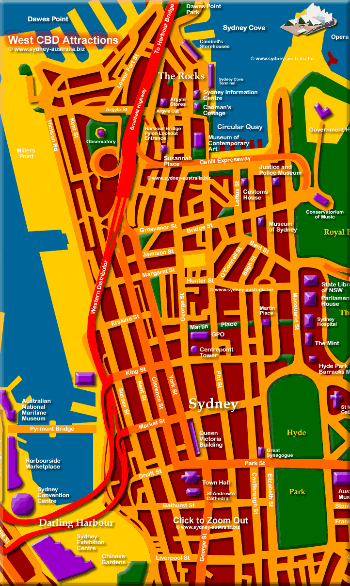 Sydney Central Business District Map - Click to Zoom Out © m.sydney-australia.biz