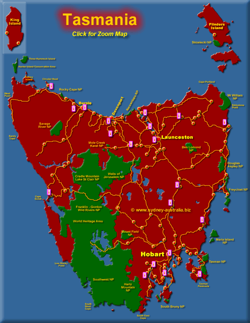 Tourist Map of Tasmania showing places to visit. Click for Zoom map.