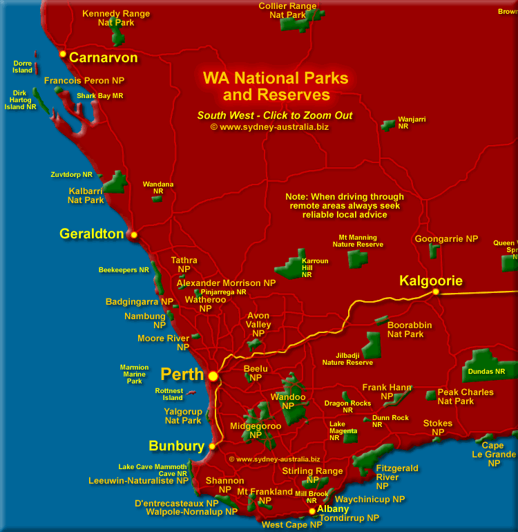 Parks and Reserves in the South West of Western Australia. Click to Zoom Out