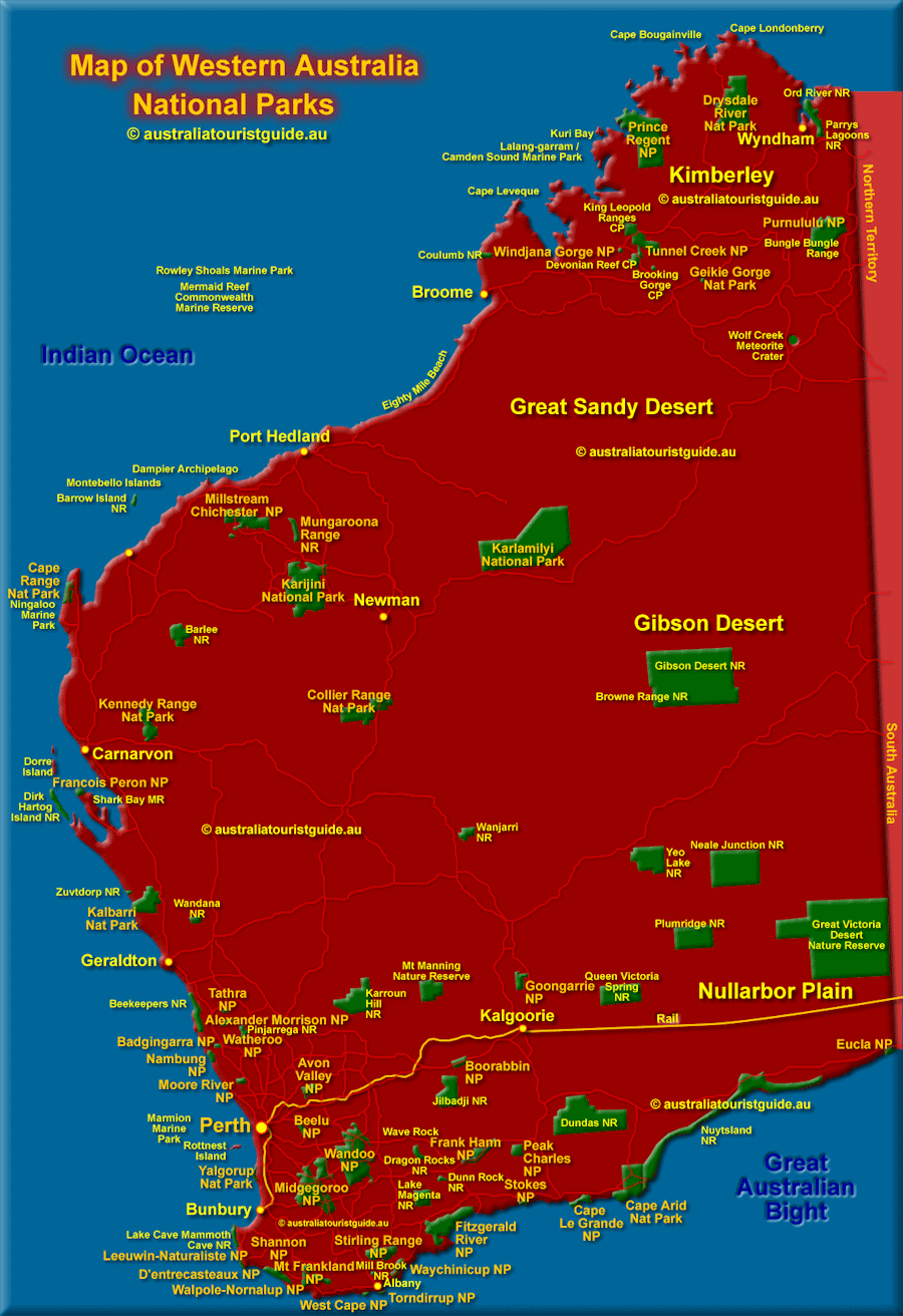 Map of the National Parks in WA. Click to see the <a href="https://m.sydney-australia.biz/maps/wa/perth-cbd-map.php" class="txtline" title="Map of Perth Attractions">Perth Map</a>.