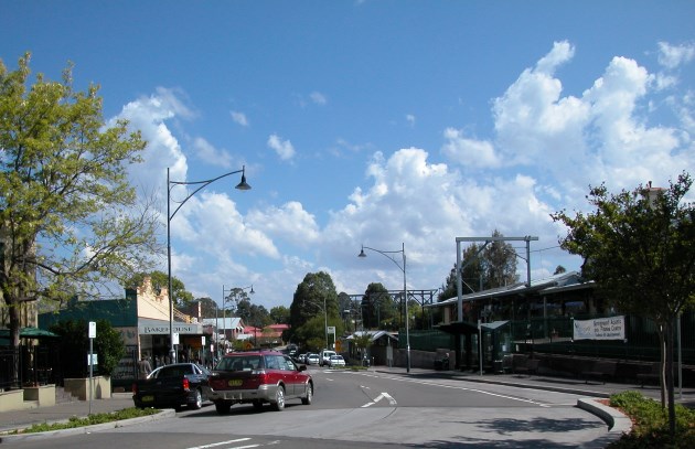 Macquarie Rd, Springwood, with the Train Station to the right.