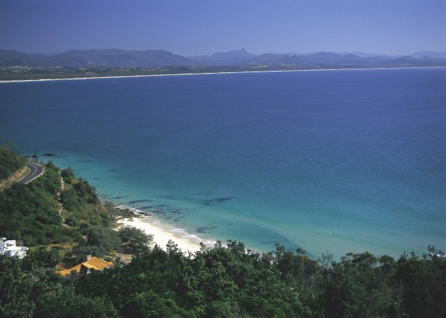 Byron Bay with Mount Warning in the distance.