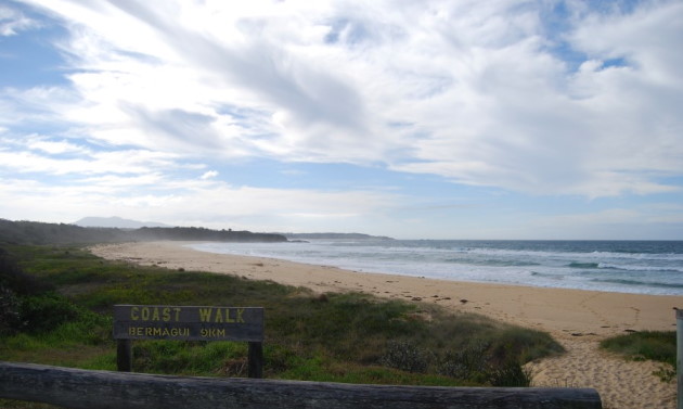 With Mount Gulaga in the Distance, the Bermagui Coastal Walk starts here at Cuttagee Beach.