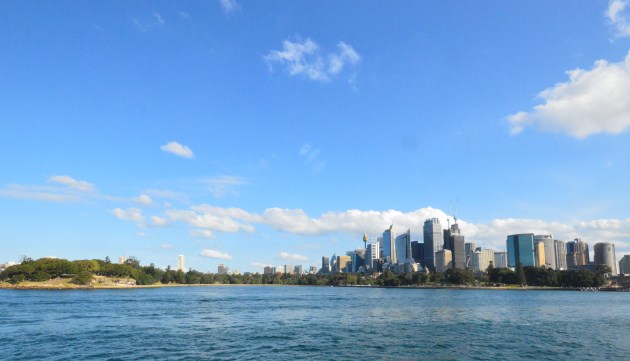 Sydney with the Royal Botanic Gardens in the foreground of the city. (Photo taken on the ferry to Manly)