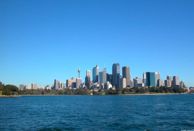 Farm Cove and the Royal Botanic Garden as seen from Sydney Harbour, with the City in the Background