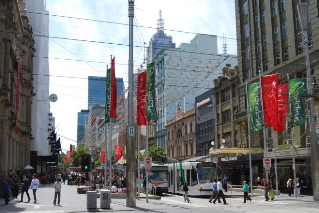 At the centre of the Melbourne Shopping Precinct - Bourke and Elizabeth Streets.