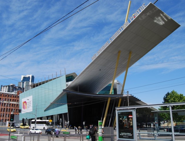The dramatic soaring roof at the front entrance to the Melbourne Exhibition Centre