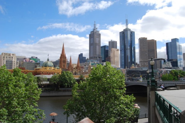 Federation Square from the other side of the Yarra River, on the left is Flinders St Train Station and in the background, St. Pauls Cathedral