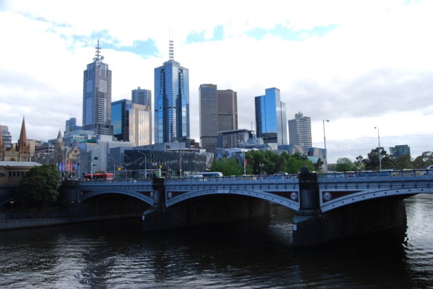 Yarra River - Melbourne CBD Princes Bridge with Federation Square in the background, Flinders St. Station extreme left.